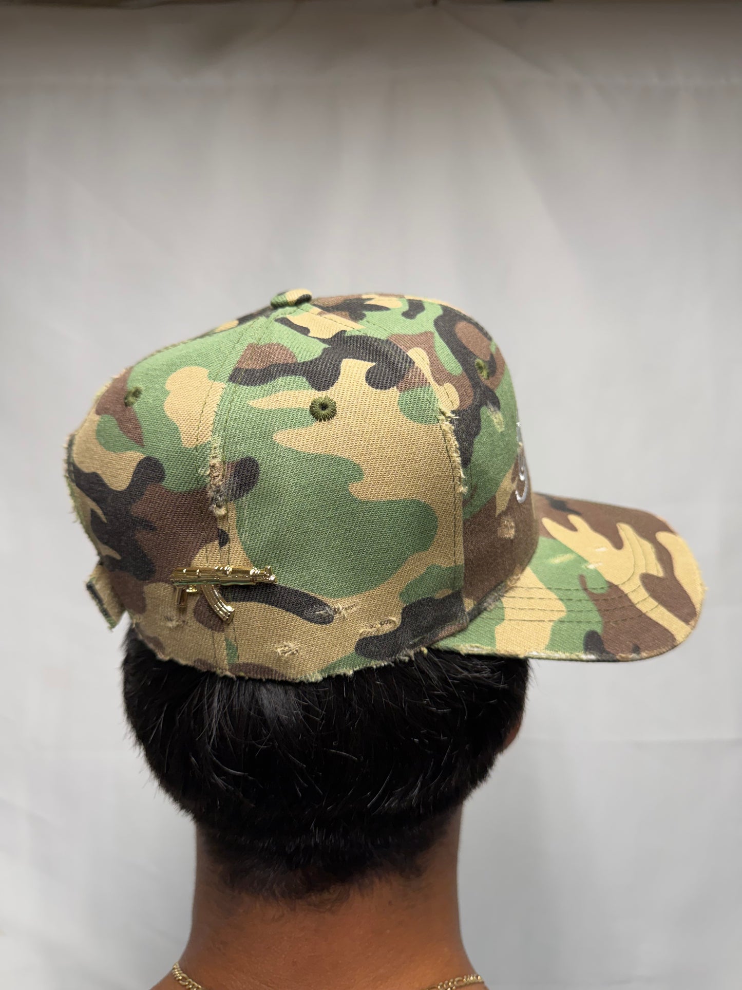 WAR hat in Classic Woodland Camo w/ White