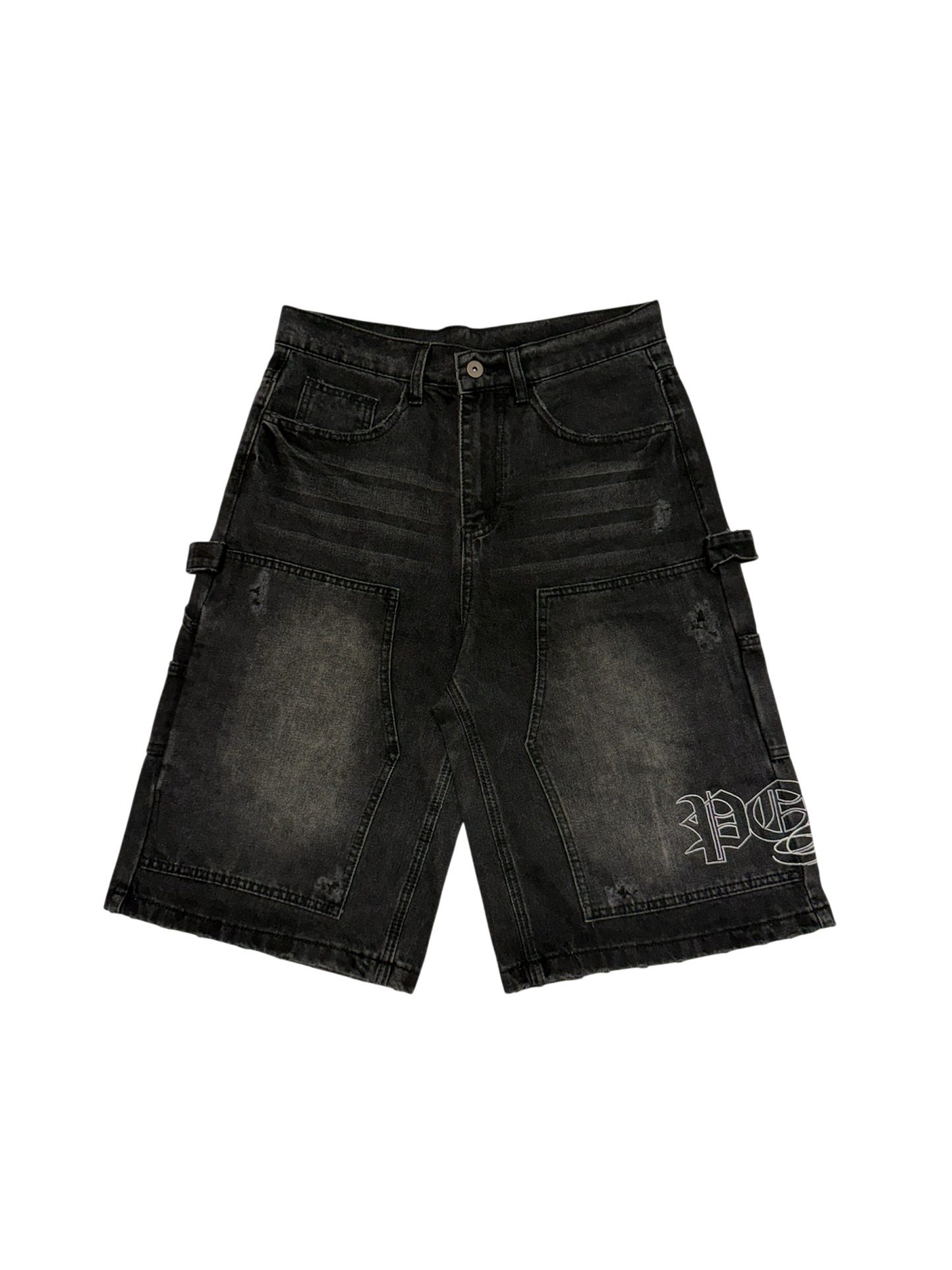 Monogram Distressed Baggy Carpenter Jorts in Black