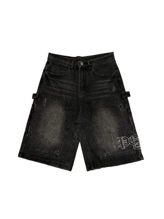 Monogram Distressed Baggy Carpenter Jorts in Black